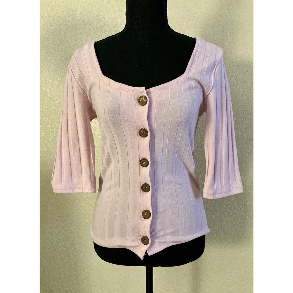 Free People Top Ribbed Button Front Barbie Pink Coquette Size Medium
